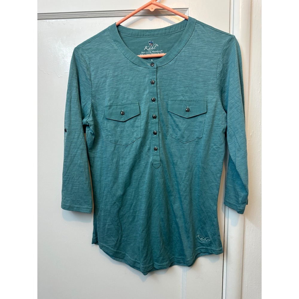 Kuhl Womens greenish Slub Knit Henley Top 3/4 Roll Tab Sleeve Small Pockets